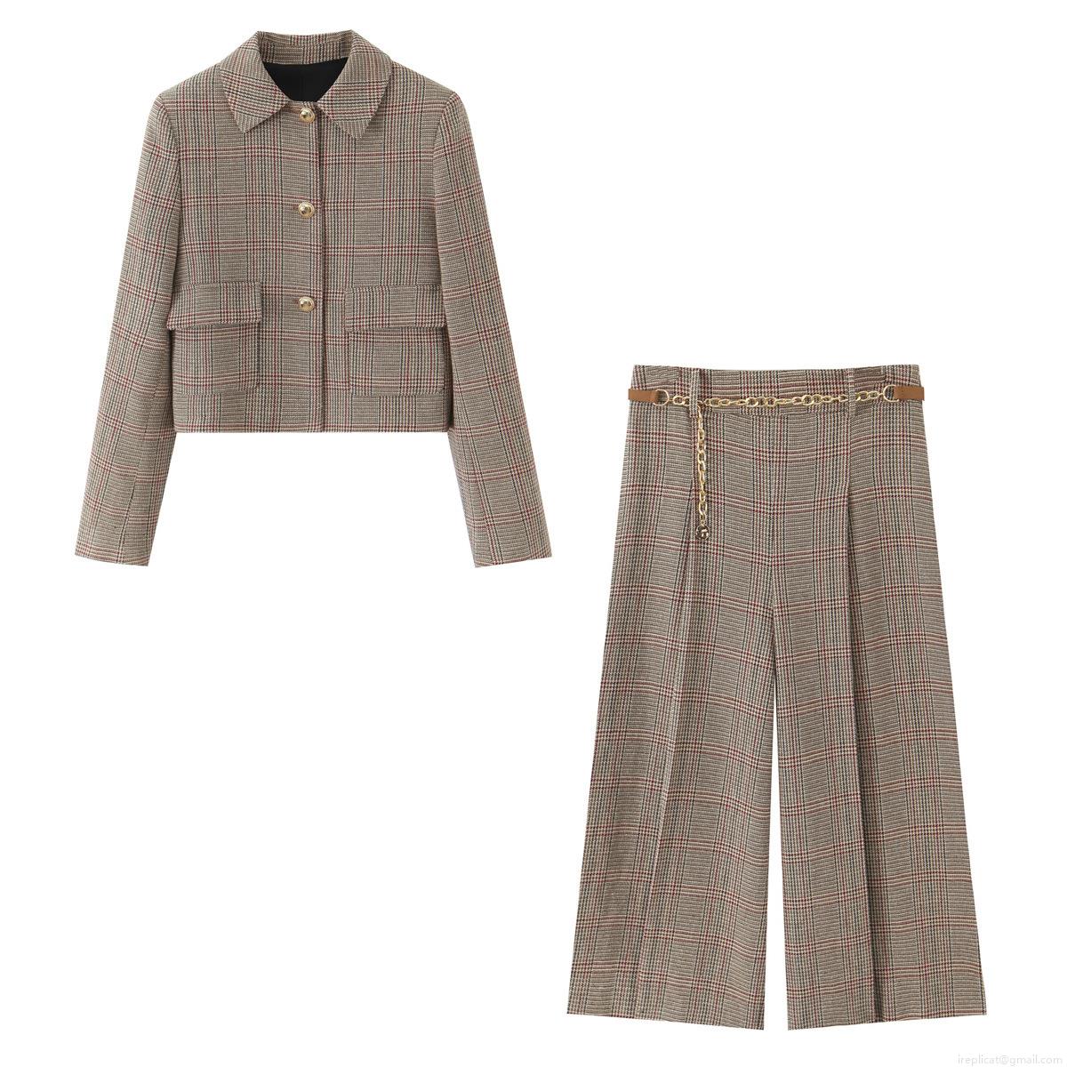 Women Elegant Houndstooth Plaid Blazer Pants Set Short Jacket And High Waist Wide Leg Trousers With Chain Belt Autumn Casual 2-Piece Suit