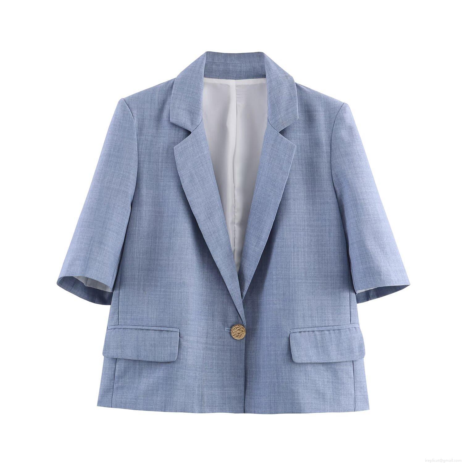 Women's Blazer Jacket And Pants Set Casual Short Sleeve Notch Lapel Top High Waist Wide Leg Trousers Two Piece Outfits Light Blue Streetwear