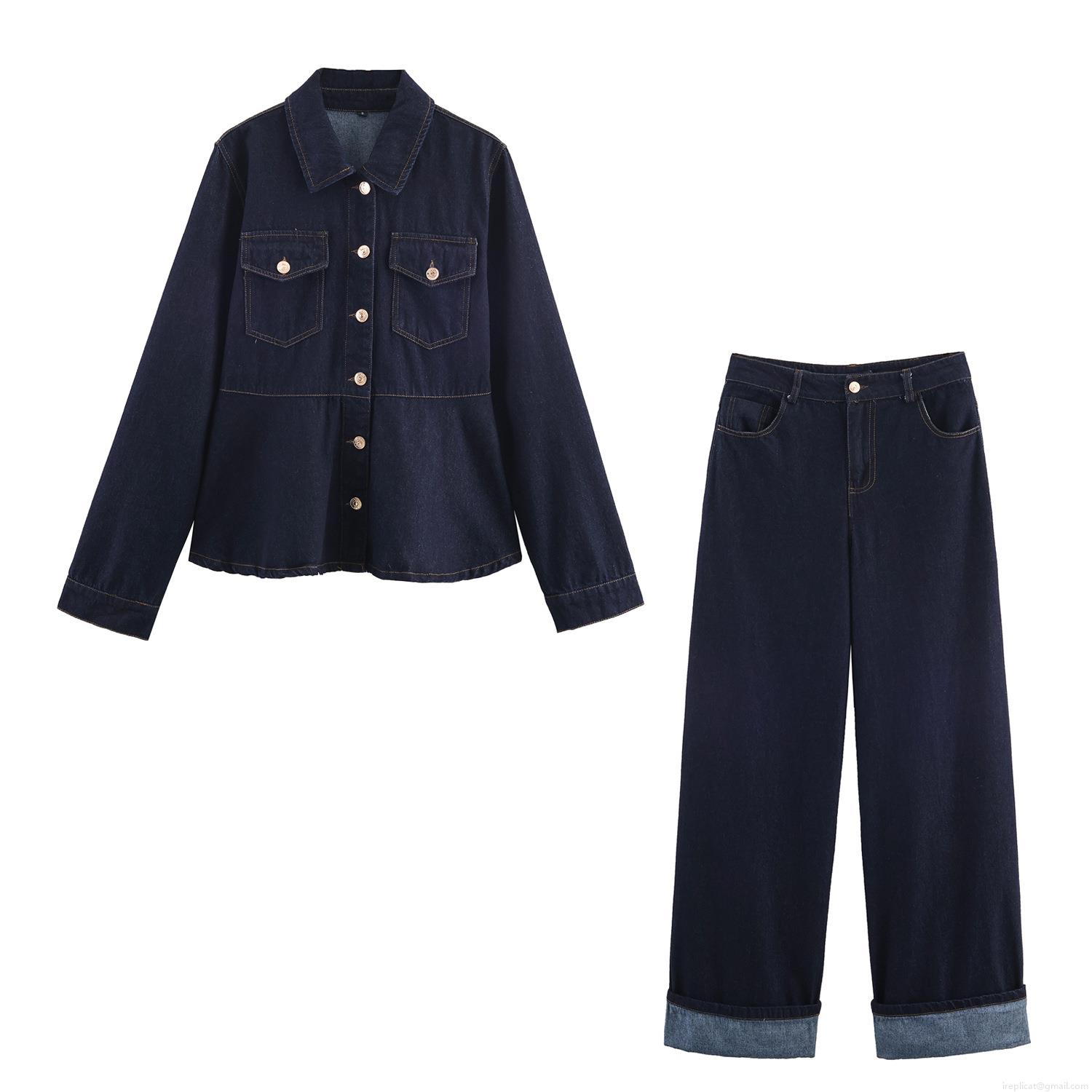 Women Casual Deep Blue Denim Jacket Pants Set Puff Sleeve Ruffle Hem Contrast Stitching Cotton Blend Two Piece Jeans Outfit Streetwear