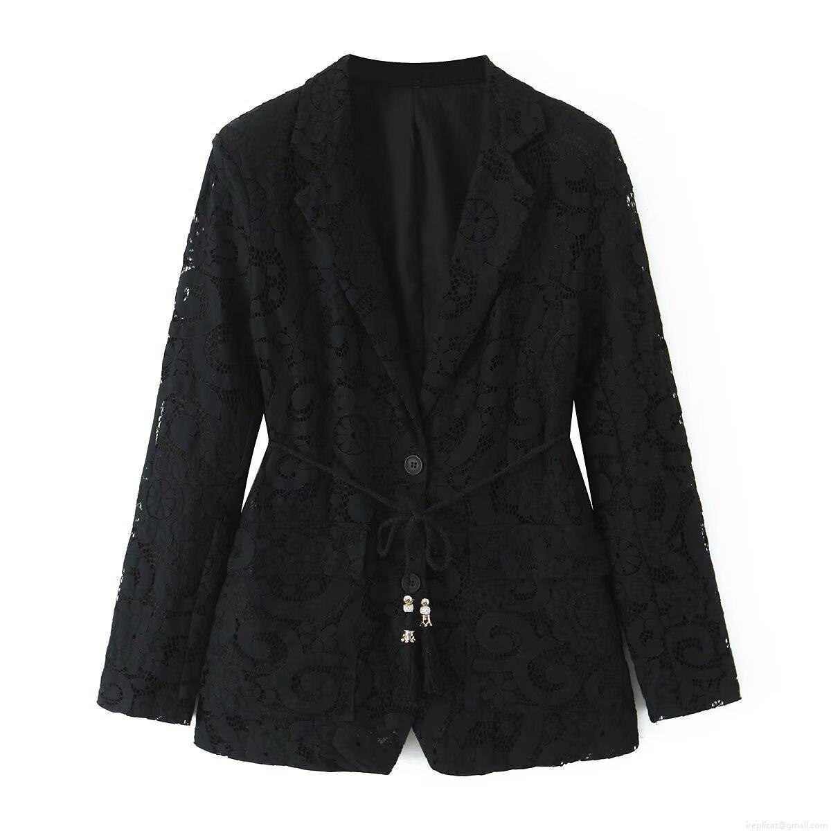 Women Sexy Black Floral Lace Blazer and Wide Leg Pants Two Piece Set with Handwoven Belt Elegant Hollow Out Streetwear Outfits for Women