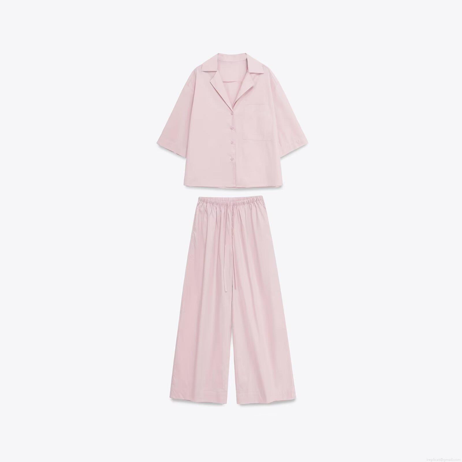 Women's Casual 100% Polyester Two Piece Set Short Sleeve Button Down Shirt And Wide Leg Pants Solid Color Loungewear Streetwear Pink Lounge Set For Women