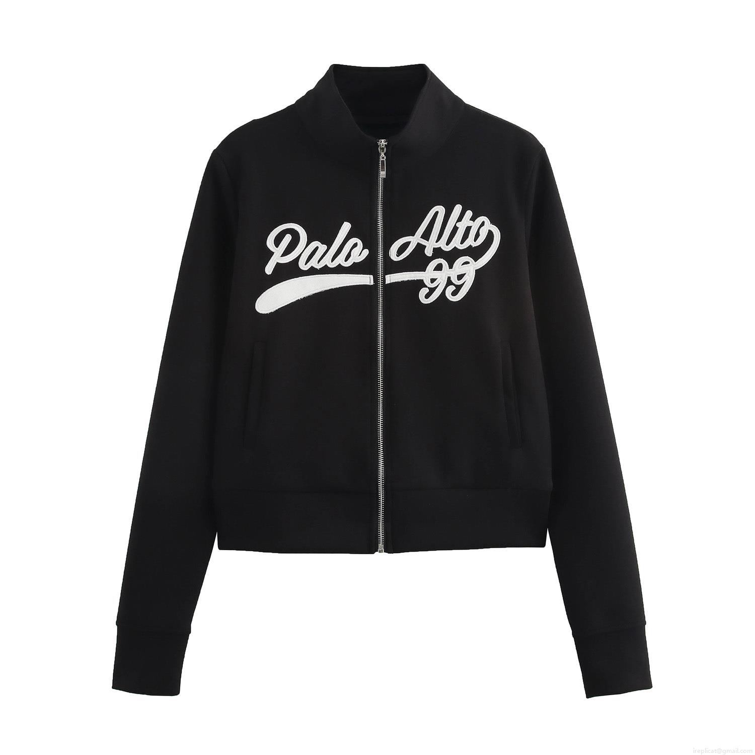 Women's Academy Style Two Piece Outfits Palo Alto 99 Letter Embroidered Stand Collar Zip Up Long Sleeve Top And Side Striped Flare Pants Casual Sporty Tracksuit Set