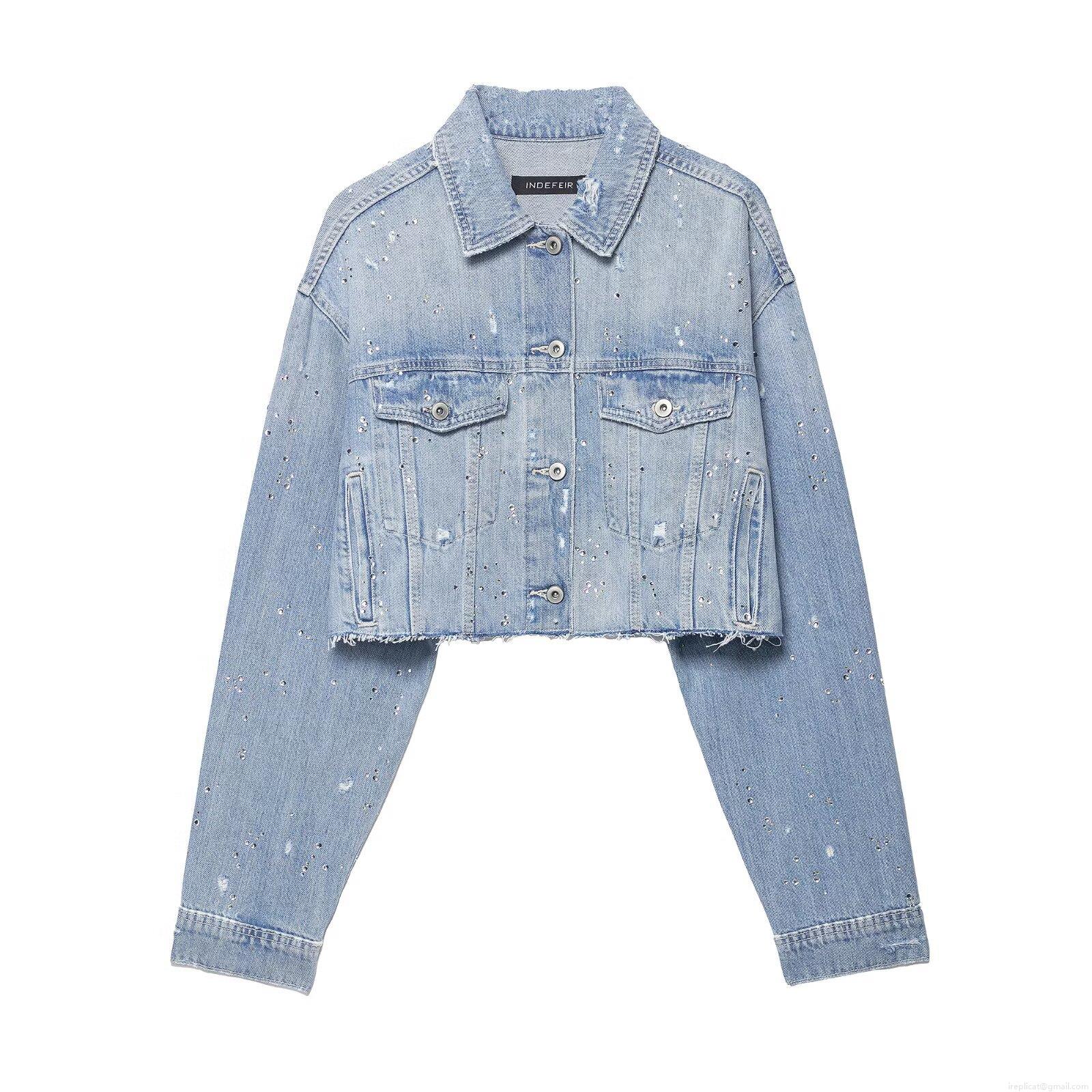 Women's Light Blue Rhinestone Distressed Denim Jacket and High Waist Straight Pants Two Piece Set Streetwear Cotton Blend Ripped Frayed Denim Suit