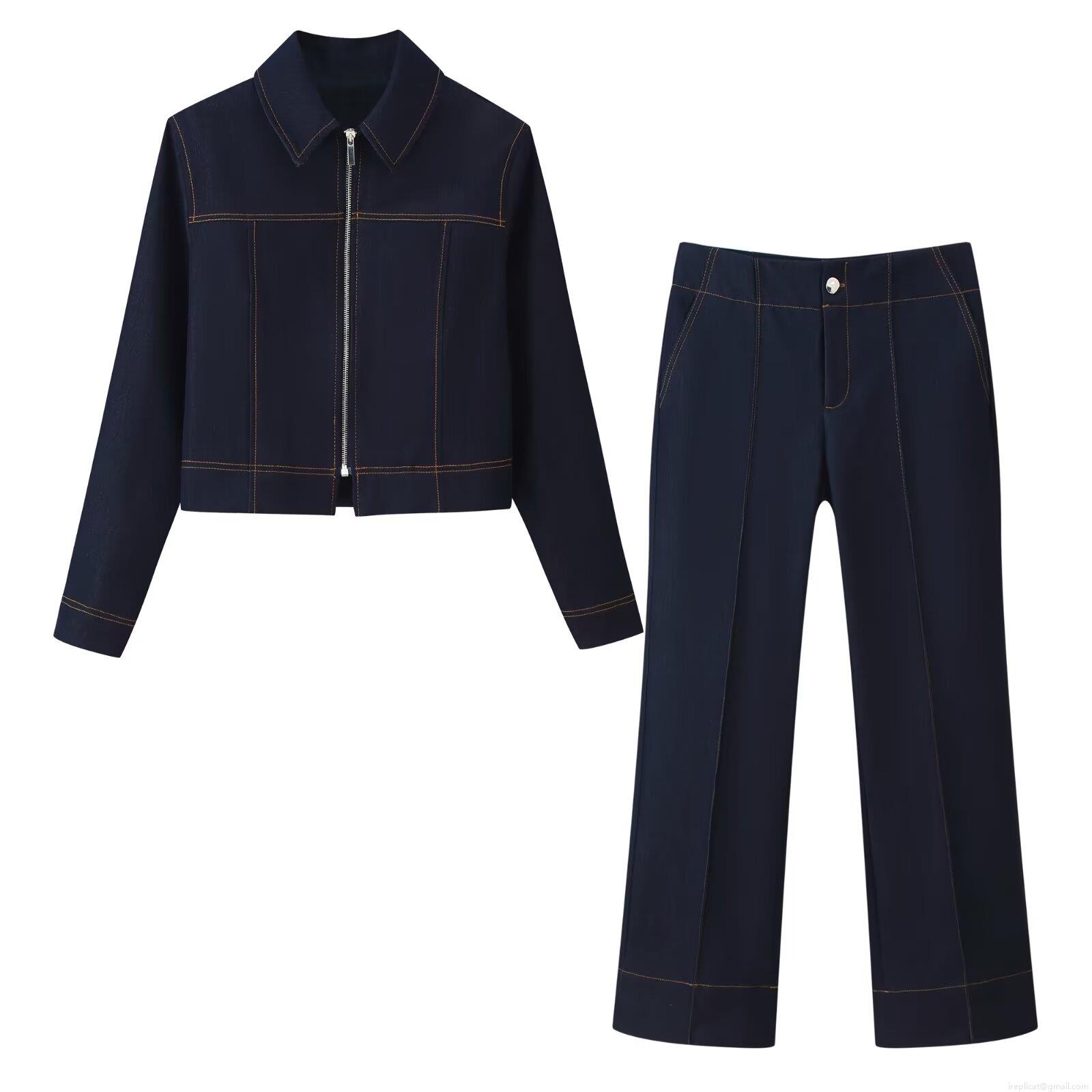 Women's 2 Piece Casual Pants Set Contrast Stitching Short Jacket And Straight Leg Trousers Denim Style Autumn Fashion Streetwear Outfit For Women