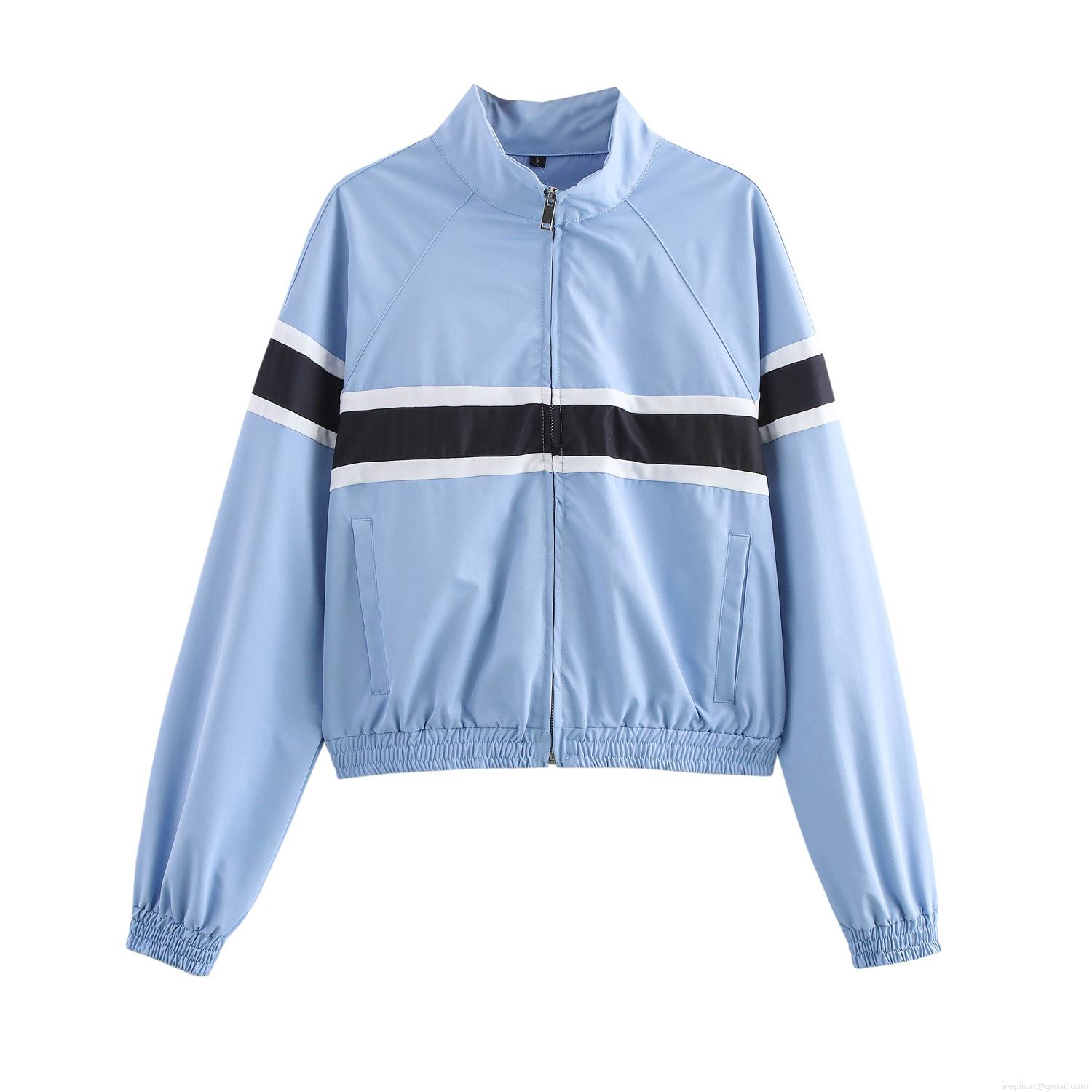 Women's Casual Sporty Color Block Patchwork Striped Two Piece Set Cotton Blend Stand Collar Zipper Jacket And Side Stripe Wide Leg Pants Streetwear Lounge Outfit