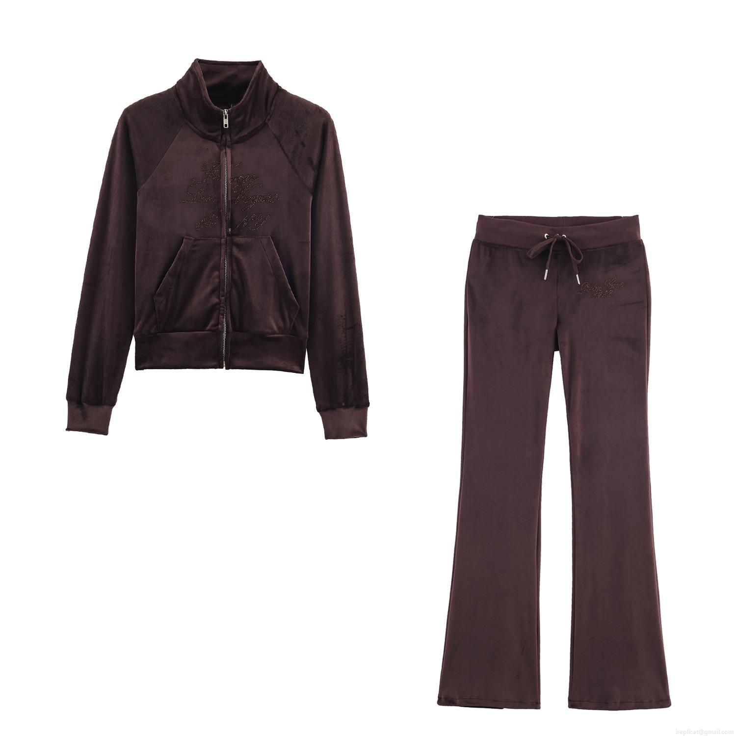 Women's Fashion Velvet Two Piece Tracksuit Set Rhinestone Letter Print Zipper Up Jacket and High Waist Flare Pants Casual Loungewear Streetwear