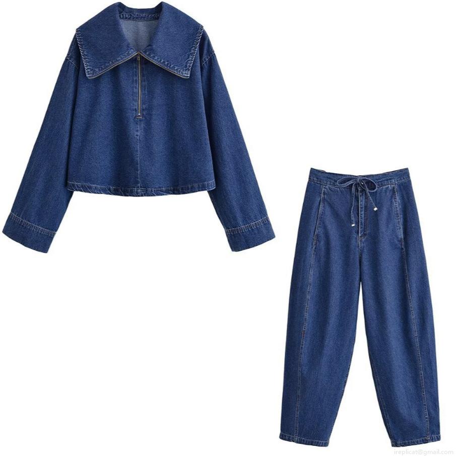 Women's Dark Blue Denim Two Piece Set Big Lapel Quarter Zipper Cropped Jacket And High Waist Drawstring Tapered Pants Casual Streetwear Outfit