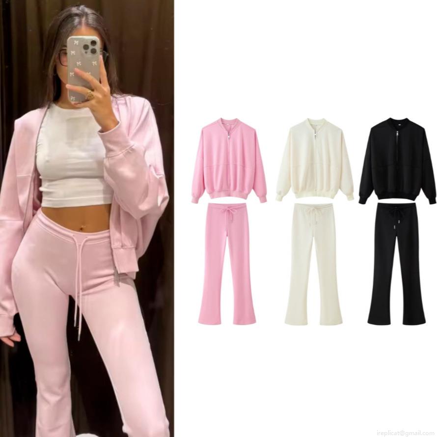 Women's Casual 2 Piece Outfits Solid Color Zipper Stand Collar Jacket And High Waist Flare Pants Tracksuit Set Daily Wear