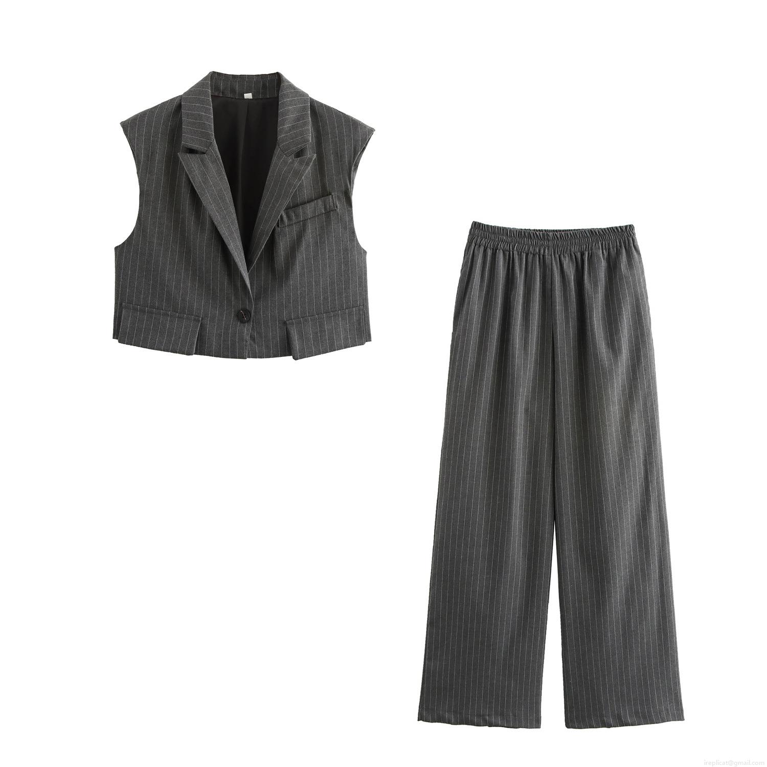 Women's Striped Two Piece Outfits 100% Polyester Woven Sleeveless Vest Top And High Waist Wide Leg Trousers Business Casual Office Lady Set