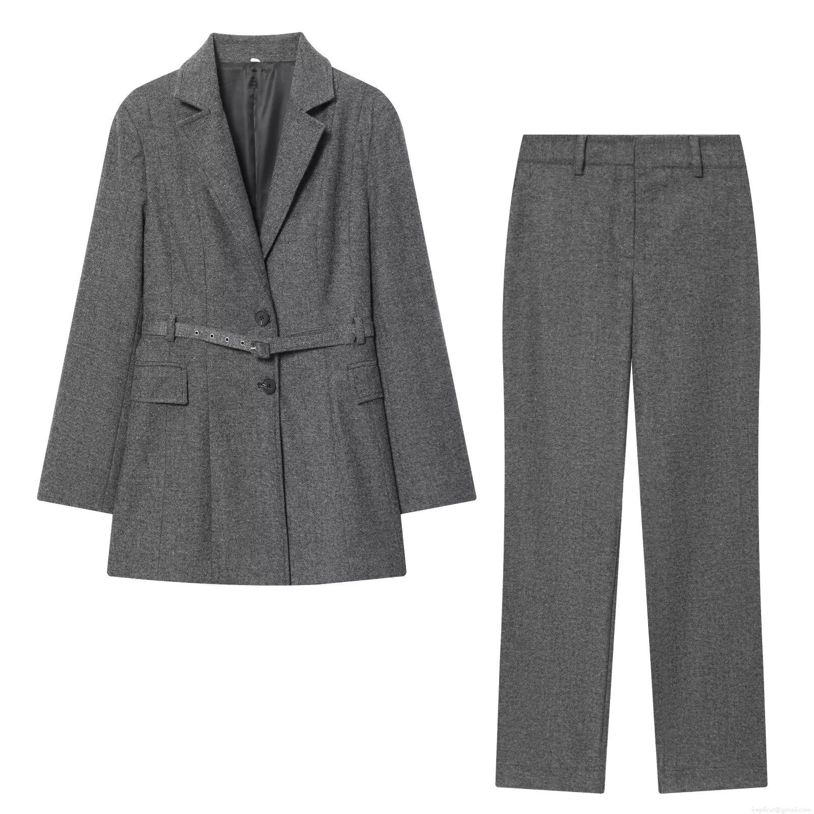 Women's Casual Two Piece Blazer Pants Set Elegant Belted Mid-Length Woolen Jacket Straight Leg Trousers Office Suit Outfits Autumn Streetwear