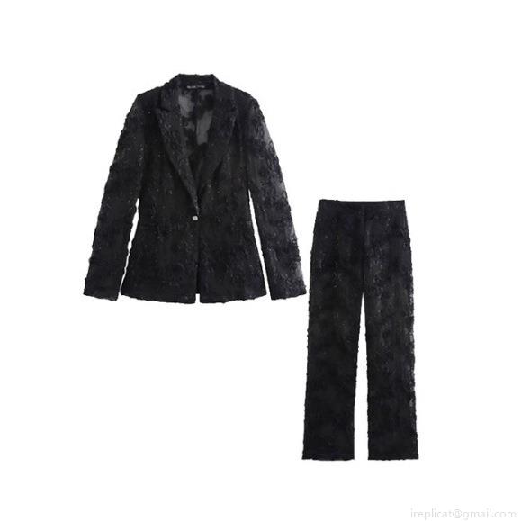 Women Black Sequin 3D Floral Lace Suit 2 Piece Set Semi-Transparent Blazer Long Pants Fashion Elegant Evening Party Outfit