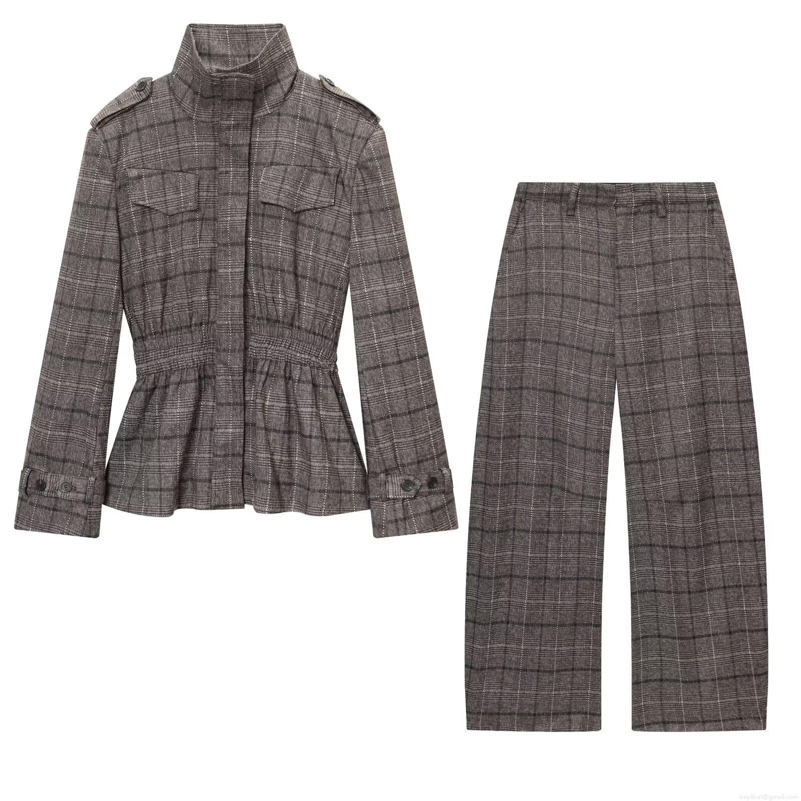 Women's Retro Plaid Wool Blend Set Ruffle Hem Stand Collar Jacket And Wide Leg Pants Two Piece Suit For Autumn Casual Streetwear Lady