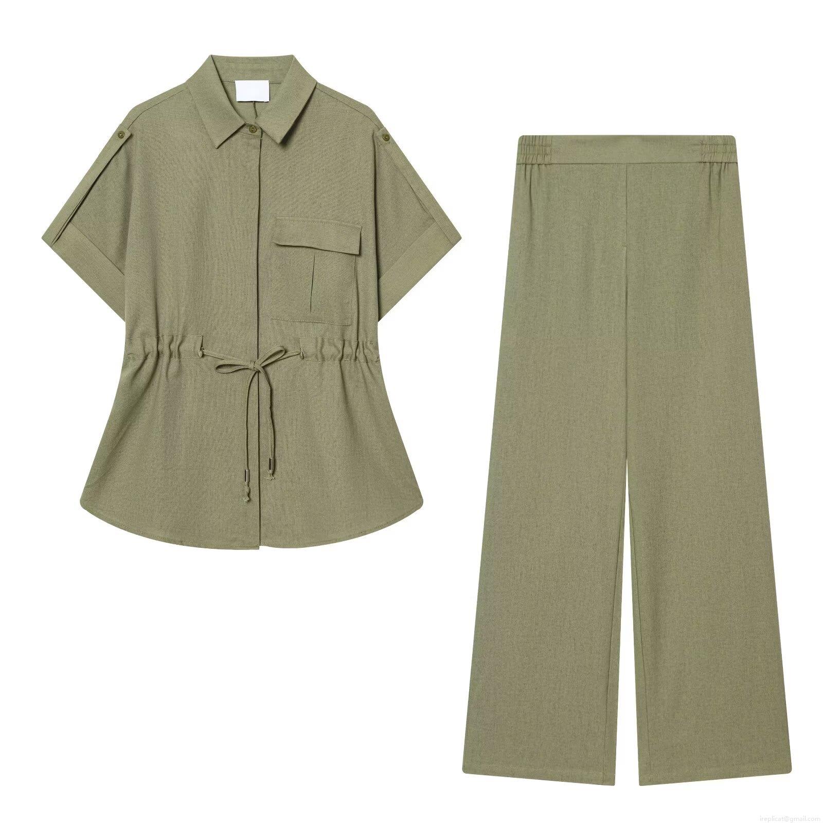 Women's 2 Piece Outfits Casual Short Sleeve Lapel Button Down Shirt with High Waist Wide Leg Pants Set Solid Color Utility Workwear Style Streetwear for Women