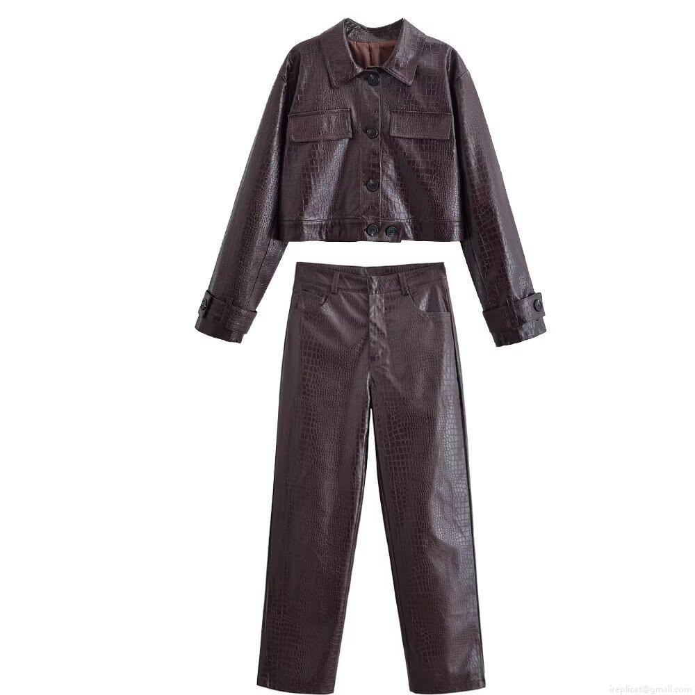 Women's Two Piece Set Crocodile Embossed Faux Leather Jacket and High Waist Straight Pants Outfits Retro PU Streetwear Suit