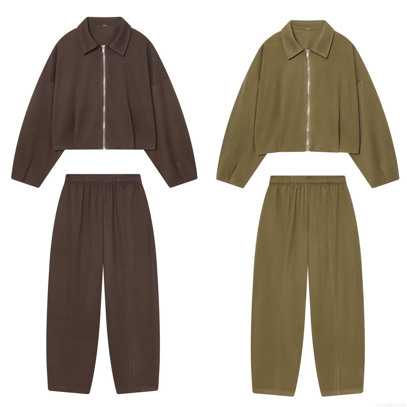 Women's 2-Piece Fashion Leisure Outfits Set Soft Polyester Zipper Lapel Bomber Jacket And Wide Leg Long Pants Solid Color Autumn Winter Streetwear Tracksuit