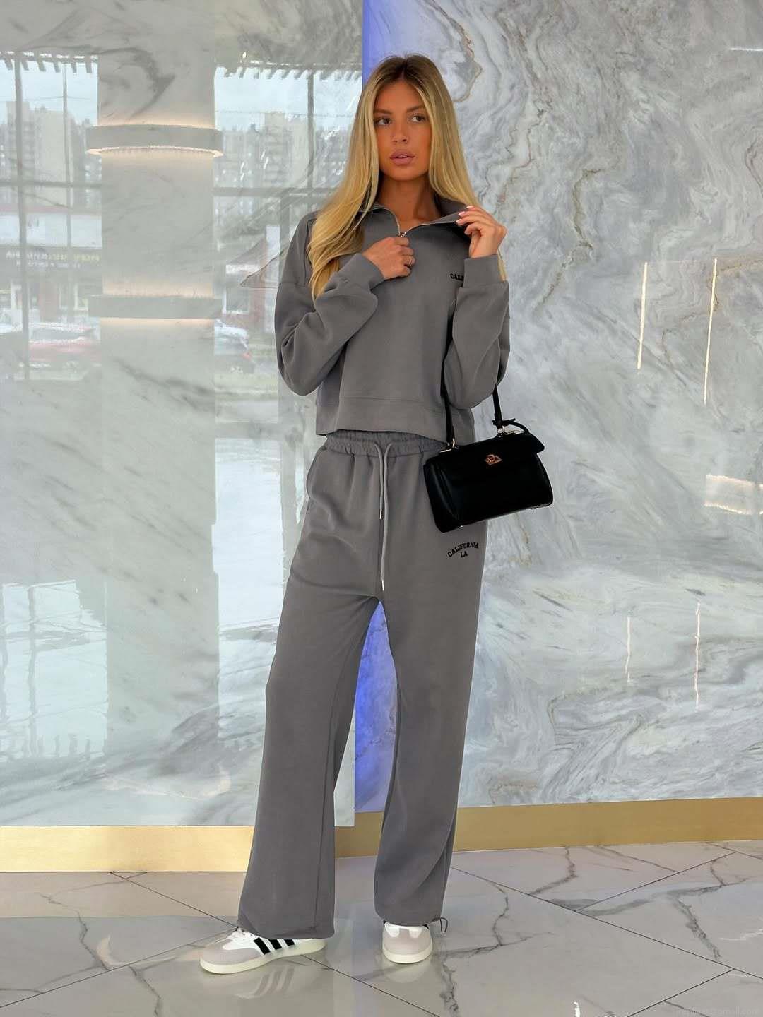 Women's 2 Piece Tracksuit Set 100% Cotton Long Sleeve Half Zip Sweatshirt And High Waist Straight Leg Pants American Retro Sporty Outfit