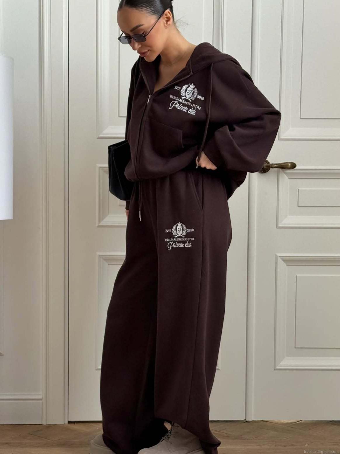Women's 2 Piece Hoodie Pants Set Cotton Blend Letter Embroidery Oversized Zipper Hooded Sweatshirt Wide Leg Joggers Tracksuit Casual Streetwear For Women