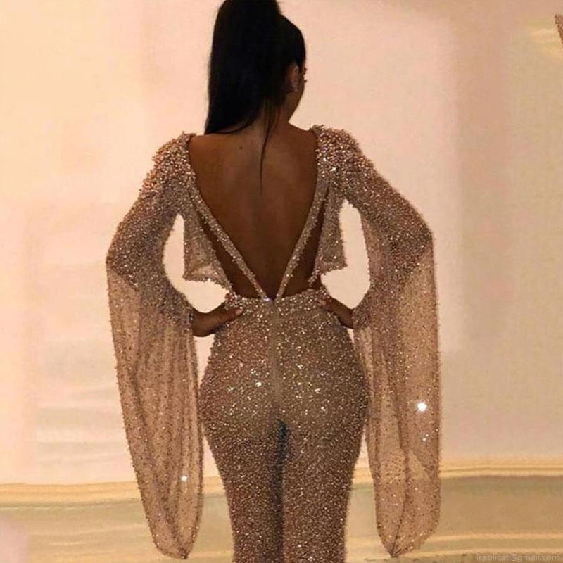 Women's Sexy Sequin Two Piece Set Long Sleeve Backless Crop Top and Flare Pants Sequin Polyester Clubwear Jumpsuit for Party Night