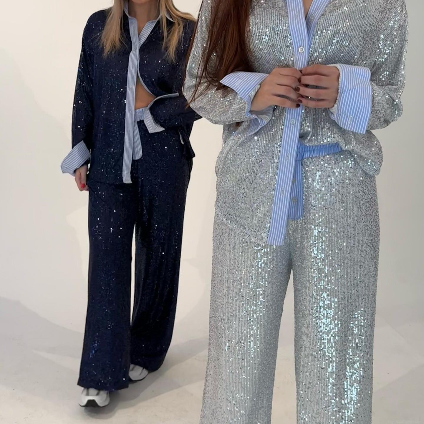 Women's Sparkling Sequin Two Piece Set Long Sleeve Shirt Wide Leg Pants Glitter Party Suit Outfit With Striped Splicing For Commuter Evening Event