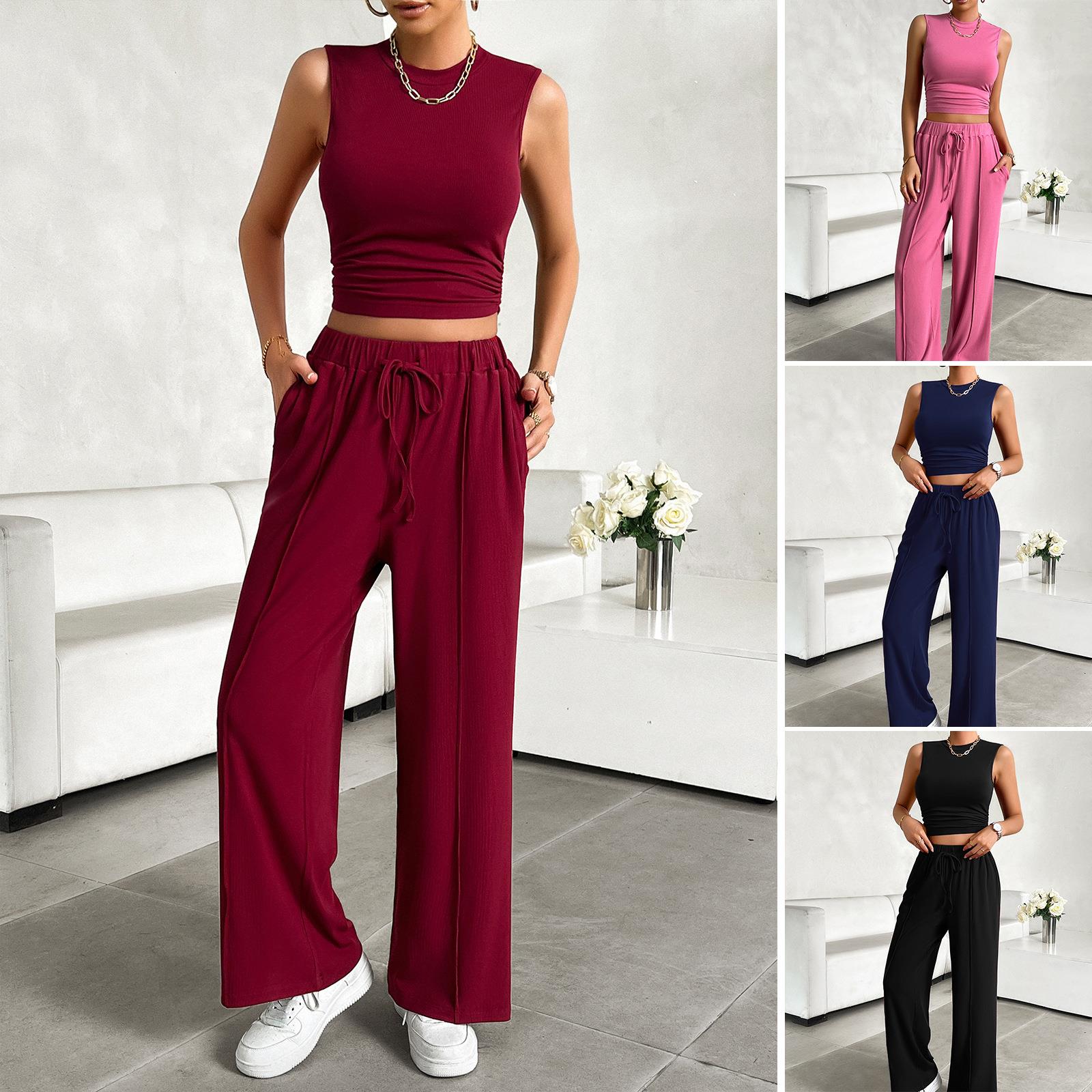 Women's 2 Piece Viscose Ribbed Knit Outfits Sleeveless Crewneck Tank Top And Drawstring Wide Leg Pants Casual Lounge Set Women's 2 Piece Viscose Ribbed Knit Outfits Sleeveless Crewneck Tank Top And Drawstring Wide Leg Pants Casual Lounge Set