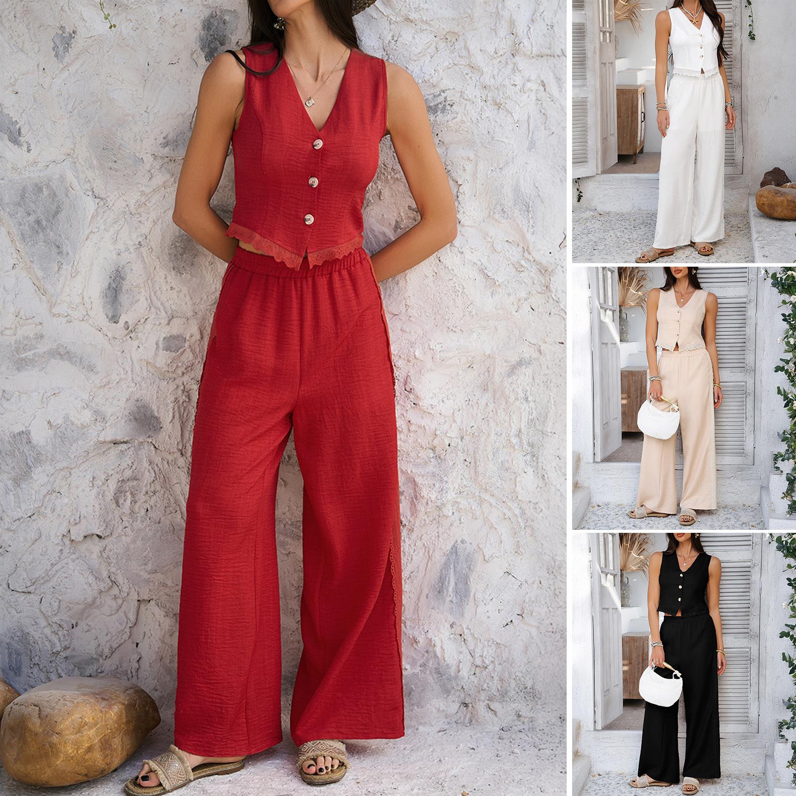 Women's 2 Piece Outfits Casual Sleeveless Lace Trim Vest And High Waist Wide Leg Pants Set Solid Color 100% Polyester Vacation Suits For Women Women's 2 Piece Outfits Casual Sleeveless Lace Trim Vest And High Waist Wide Leg Pants Set Solid Color 100% Polyester Vacation Suits For Women
