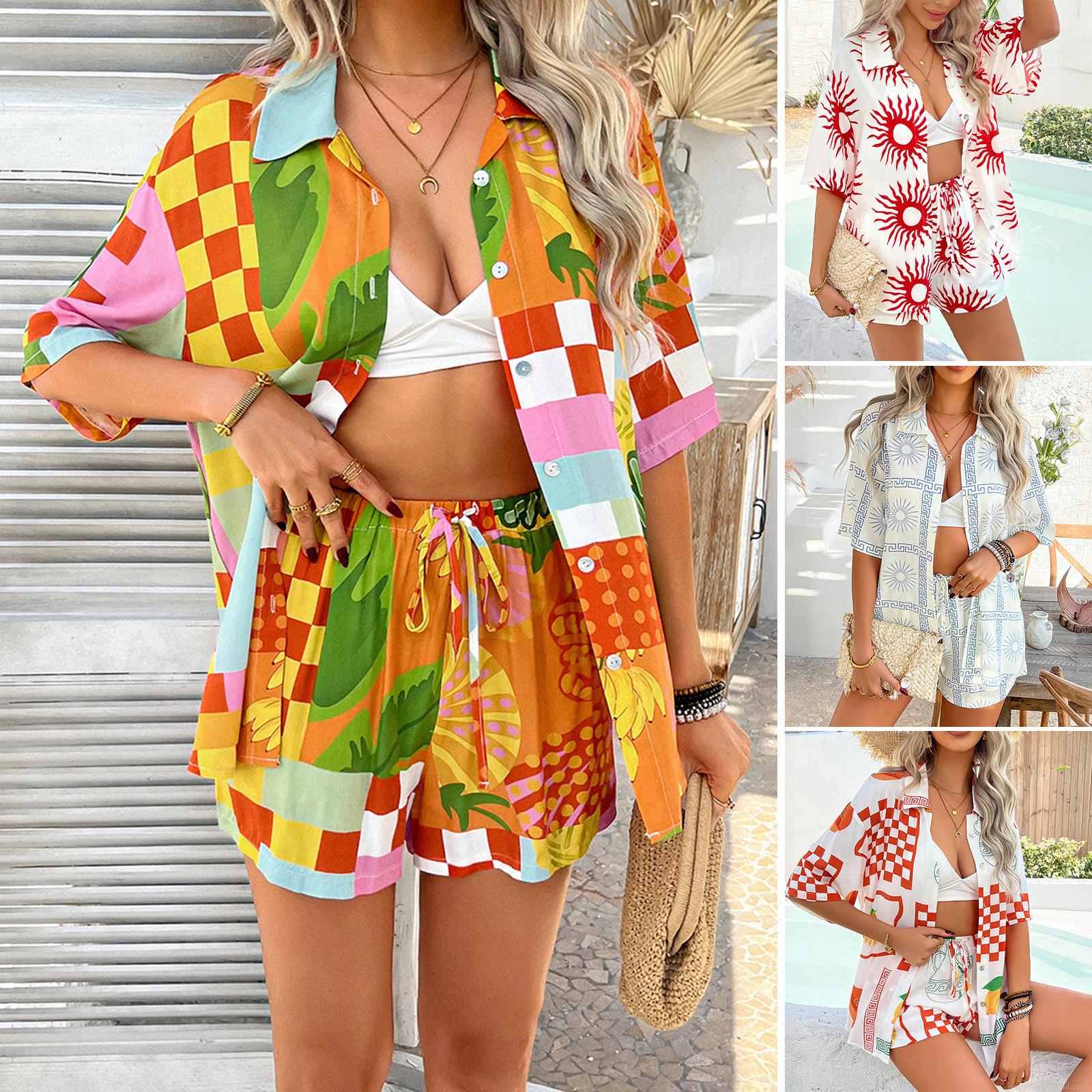 Bohemian Women's Two Piece Shorts Set Viscose Tencel Short Sleeve Button Down Shirt and Shorts Summer Vacation Floral Print Matching Outfits Bohemian Women's Two Piece Shorts Set Viscose Tencel Short Sleeve Button Down Shirt and Shorts Summer Vacation Floral Print Matching Outfits