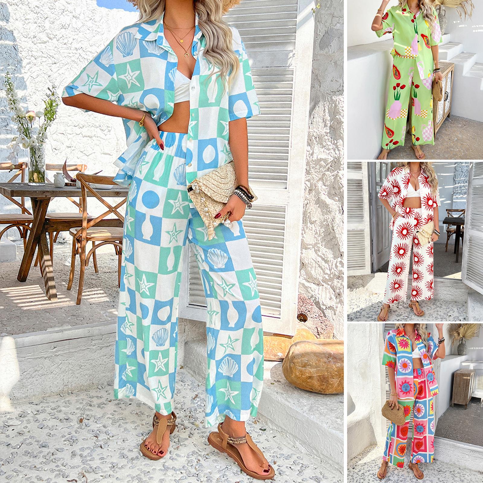 Women's Bohemian Resort Two Piece Set 30% Tencel 70% Rayon Printed Short Sleeve Shirt and Wide Leg Pants Summer Casual Beach Vacation Outfit Women's Bohemian Resort Two Piece Set 30% Tencel 70% Rayon Printed Short Sleeve Shirt and Wide Leg Pants Summer Casual Beach Vacation Outfit