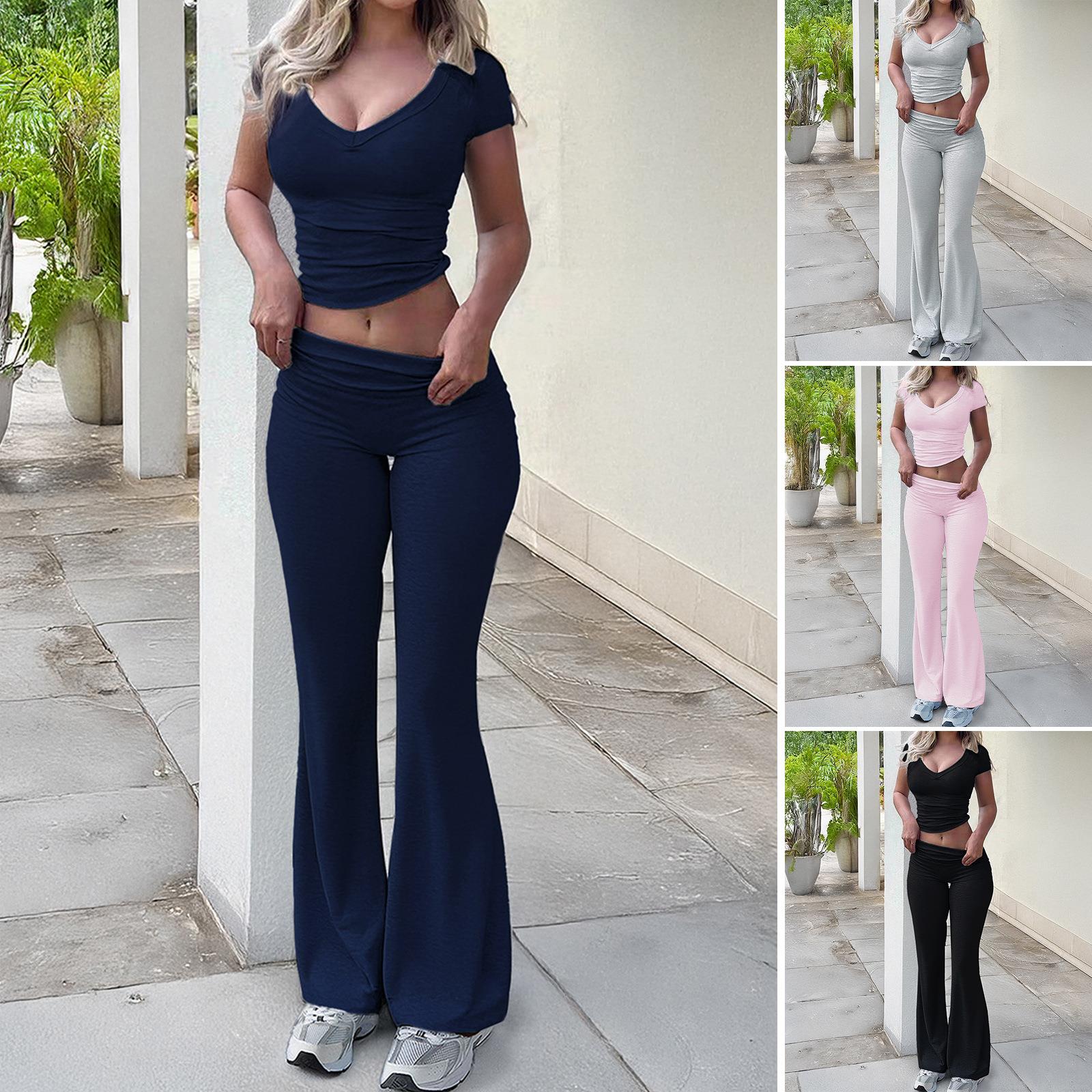 Women's 2 Piece Outfits Sets Viscose Spandex V Neck Short Sleeve Crop Top And High Waisted Flare Pants Ribbed Solid Color Casual Sporty Tracksuit Streetwear Women's 2 Piece Outfits Sets Viscose Spandex V Neck Short Sleeve Crop Top And High Waisted Flare Pants Ribbed Solid Color Casual Sporty Tracksuit Streetwear