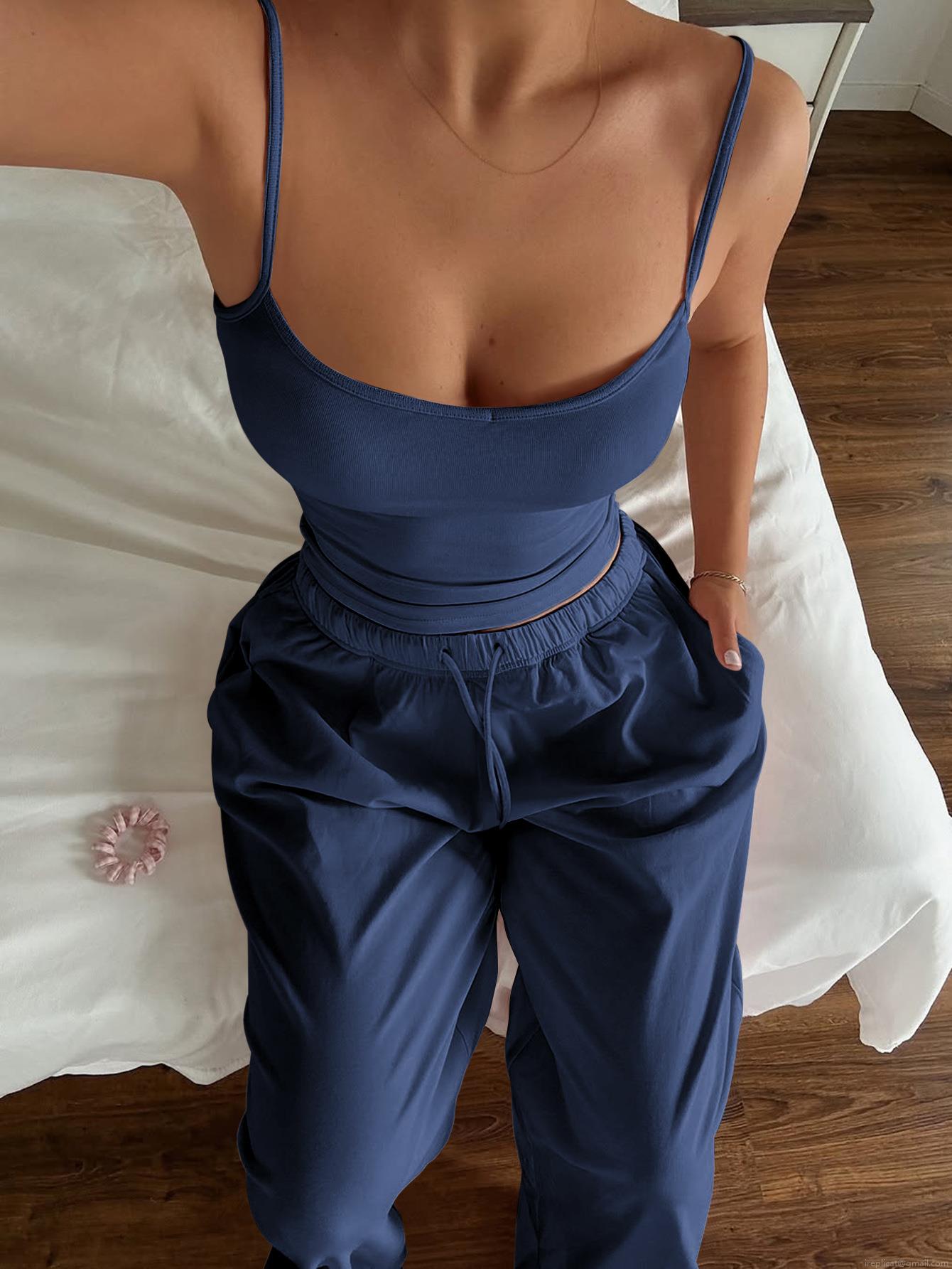 Women's 2 Piece Lounge Set Sleeveless V Neck Cami Top And Drawstring Jogger Pants Solid Color Polyester Knit Tracksuit For Daily Casual Wear Women's 2 Piece Lounge Set Sleeveless V Neck Cami Top And Drawstring Jogger Pants Solid Color Polyester Knit Tracksuit For Daily Casual Wear