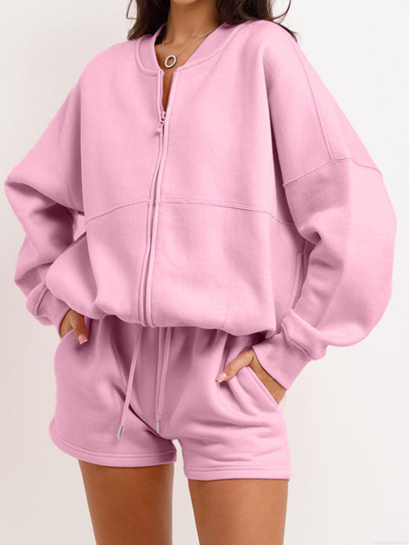 Women Casual Two Piece Tracksuit Set 100 Percent Polyester Long Sleeve Zipper Stand Collar Jacket And Drawstring Shorts Lounge Outfit For Women Pink Women Casual Two Piece Tracksuit Set 100 Percent Polyester Long Sleeve Zipper Stand Collar Jacket And Drawstring Shorts Lounge Outfit For Women Pink