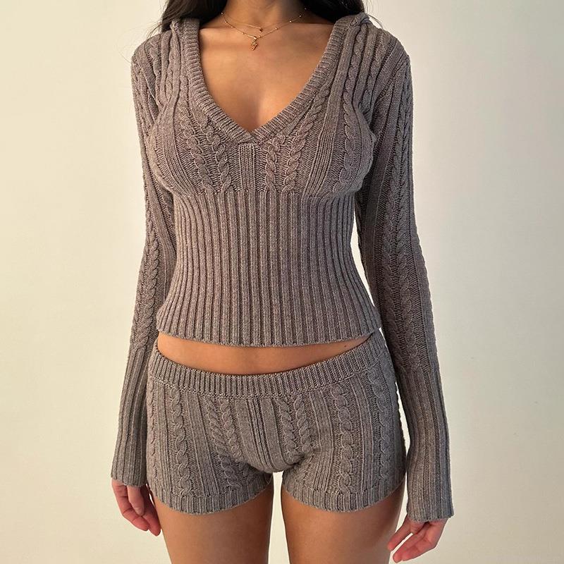 Women Sexy Cable Knit Two Piece Set Hooded Long Sleeve V Neck Crop Top And Shorts Matching Set Polyester Knitted Lounge Wear Tracksuit For Winter Autumn Women Sexy Cable Knit Two Piece Set Hooded Long Sleeve V Neck Crop Top And Shorts Matching Set Polyester Knitted Lounge Wear Tracksuit For Winter Autumn