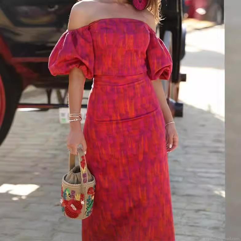 Women's Sexy Bohemian 2 Piece Skirt Set Polyester Off Shoulder Puff Sleeve Crop Top and High Waist Tie Dye Gradient Maxi Skirt Summer Vacation Beach Outfit