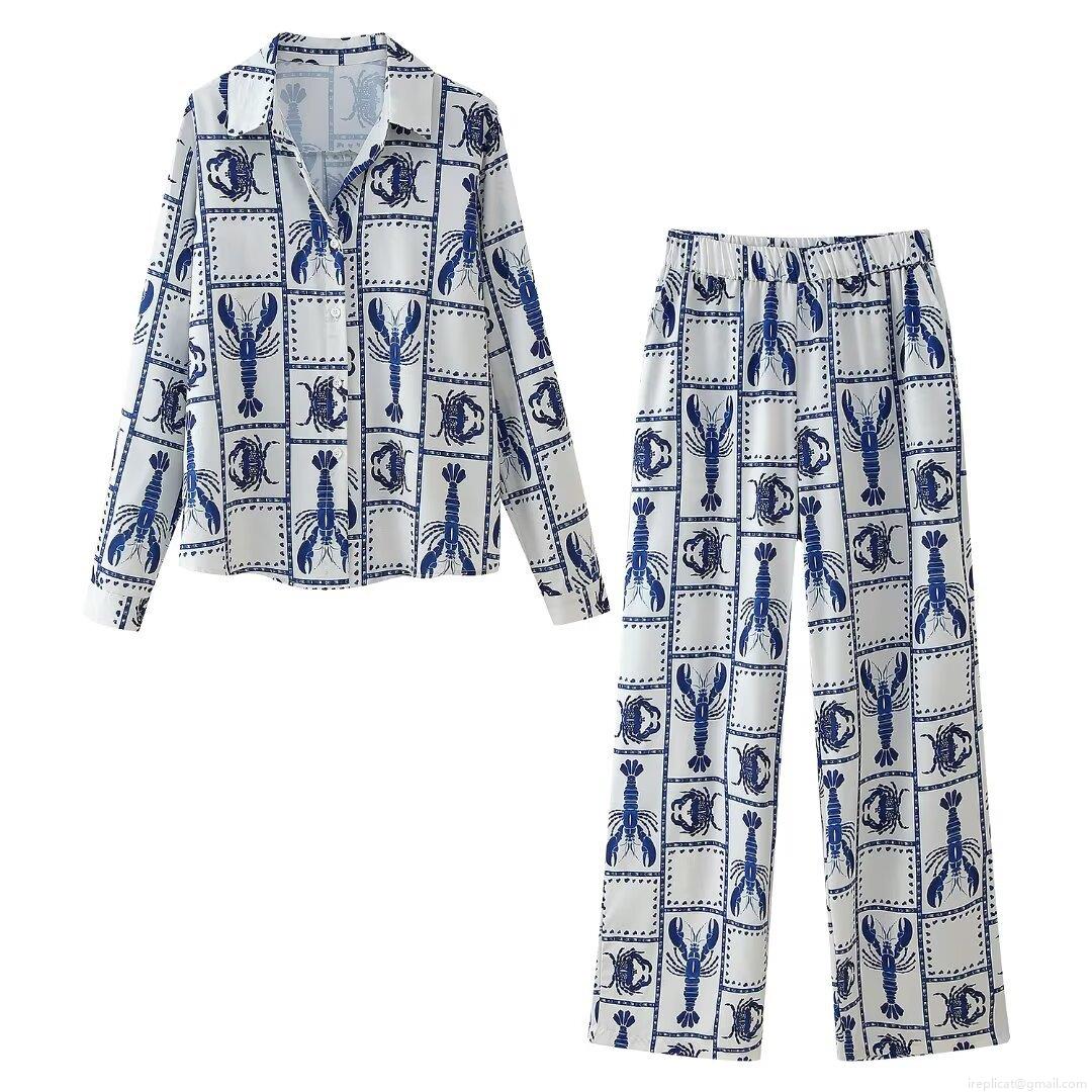 Women's Resort Casual Polyester Two Piece Set Retro Lobster Crab Print Long Sleeve Button Down Shirt And Elastic Waist Wide Leg Pants Vacation Outfits