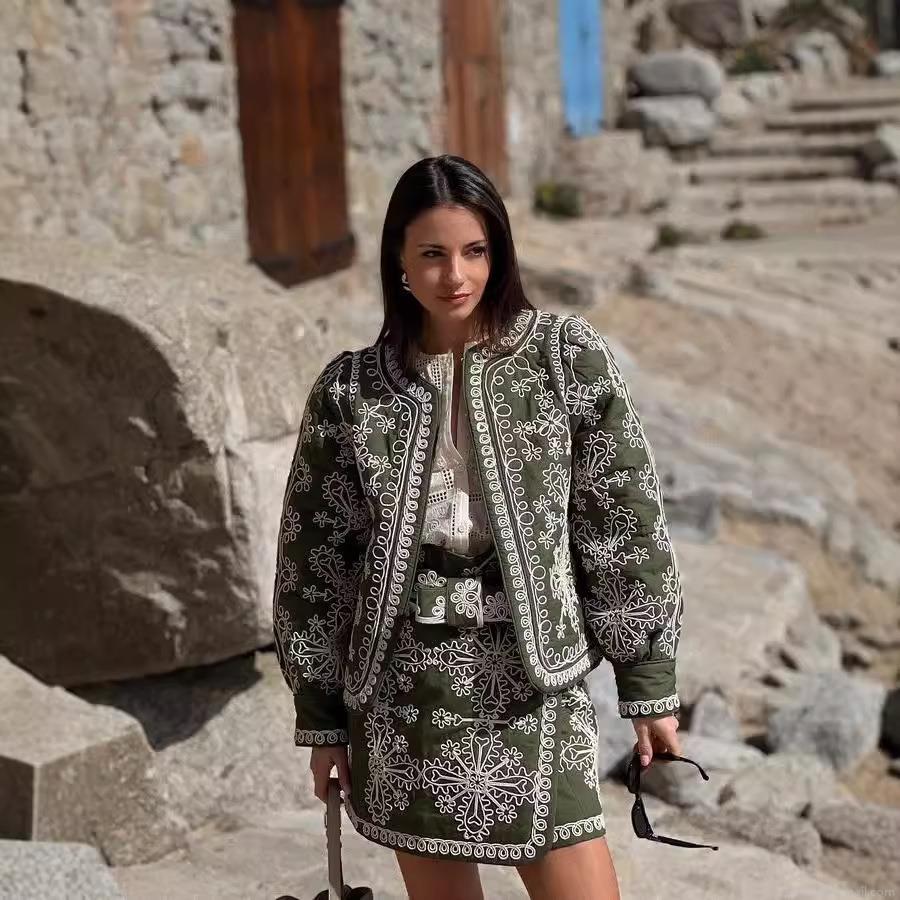 Women Ethno Embroidery Quilted Jacket and Short Skirt Set With Belt Vintage Dark Green Paisley Floral Two Piece Outfits For Autumn Winter Women Casual Wear