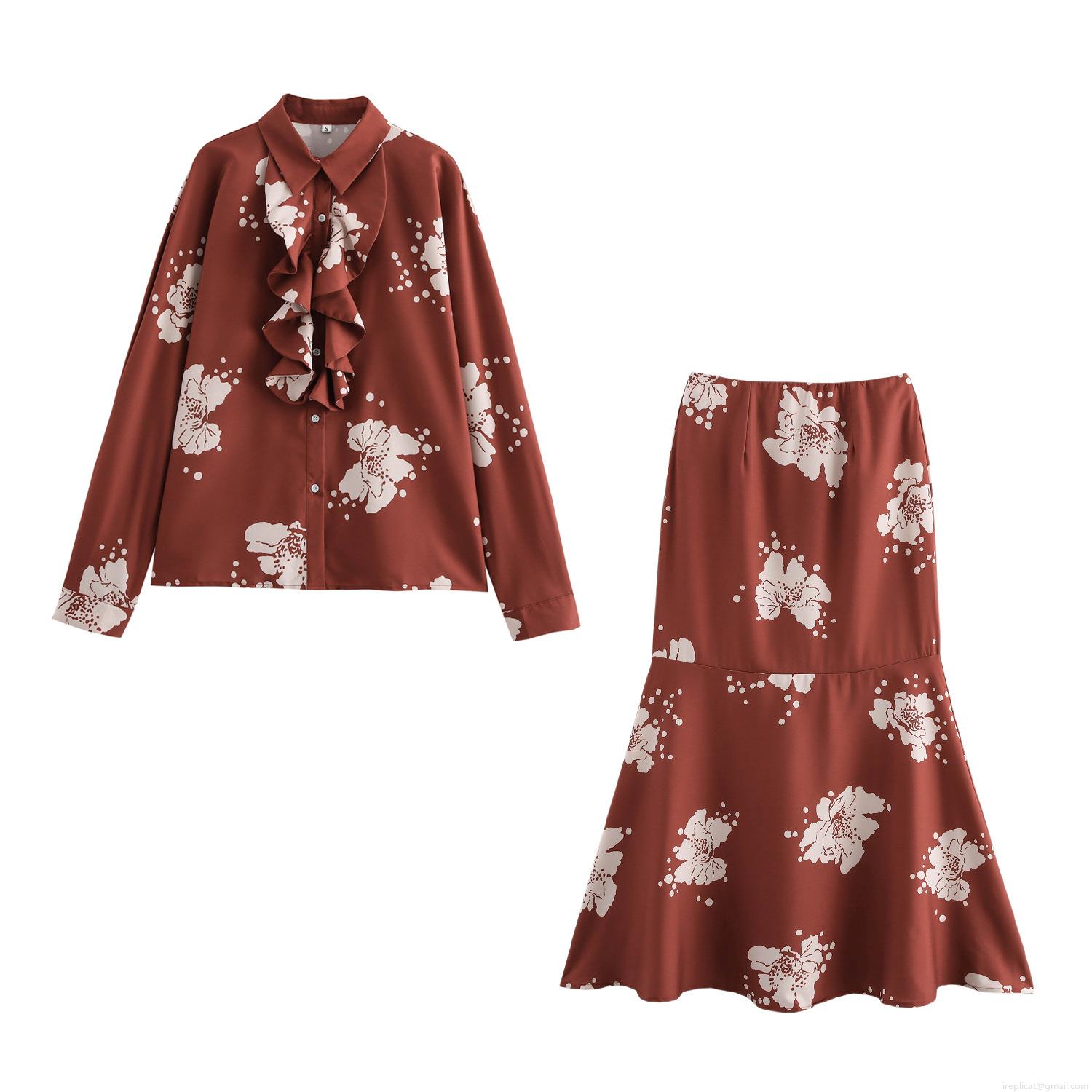 French Style Women's Skirt Set Polyester Printing Long Sleeve Ruffle Shirt And Mermaid Skirt Two-Piece Set Floral Polka Dot Elegant Outfits For Lady