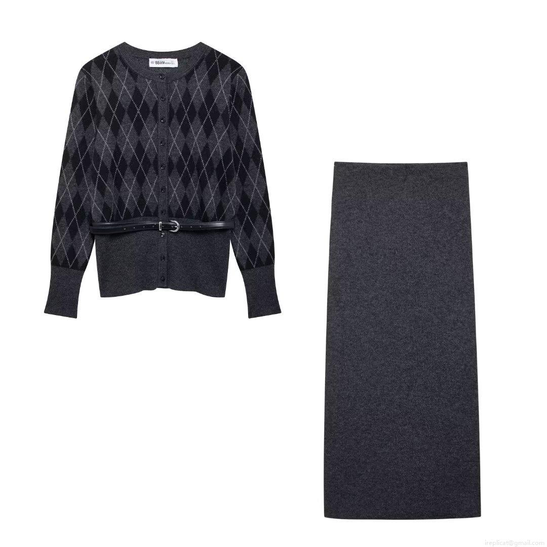Women's 2 Piece Knit Set Argyle Cardigan With Belt And Long Pencil Skirt Preppy Style Polyester Knitting Elegant Fall Winter Outfit For Ladies
