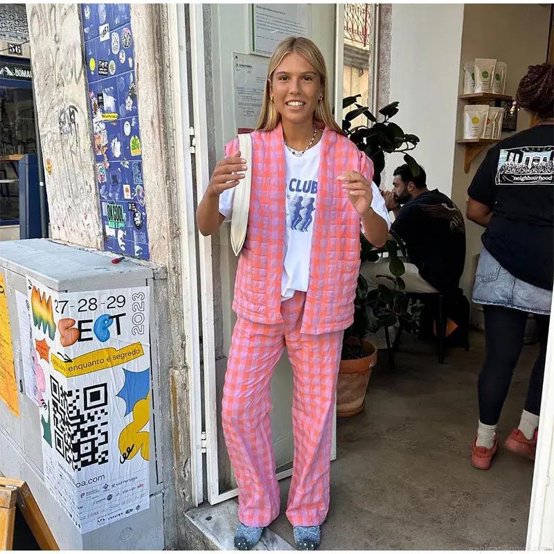 Women Casual Gingham Plaid Two Piece Set Quilted Sleeveless Vest Waistcoat And Straight Leg Pants Pink Orange Plaid Loungewear Outfit