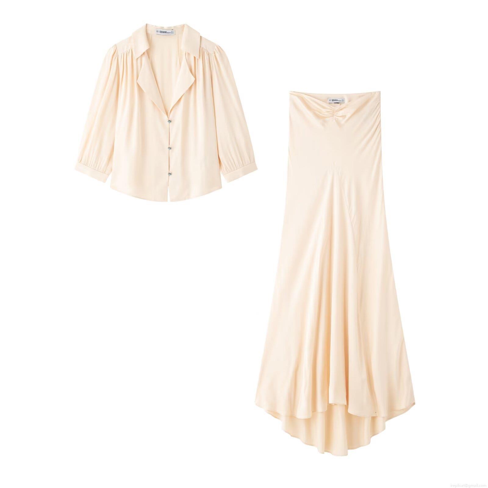 Elegant Champagne Satin Two Piece Set Women Shirt And Maxi Skirt Pleated Long Skirt Set With Blue Rhinestone Buttons Elegant Champagne Satin Two Piece Set Women Shirt And Maxi Skirt Pleated Long Skirt Set With Blue Rhinestone Buttons