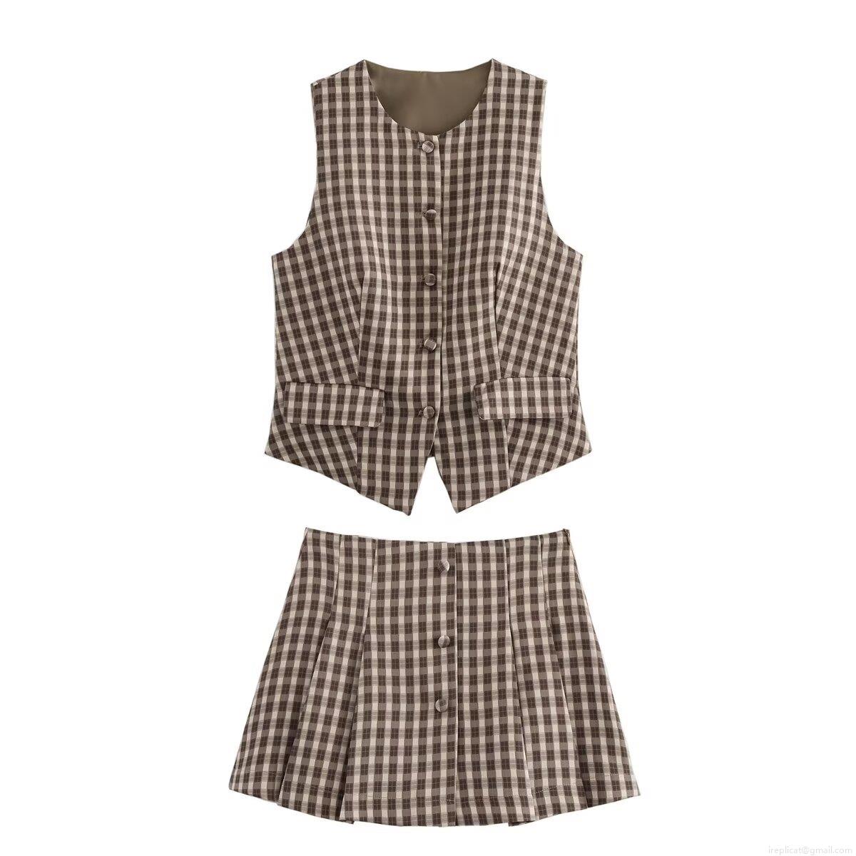 Women's Preppy Plaid 2-Piece Set Sleeveless V-Neck Button Up Vest Top And Pleated Mini Skirt Academic Style Polyester Casual Outfit