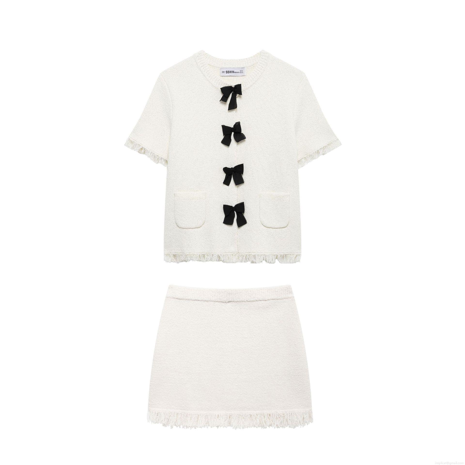 Elegant Tweed Two Piece Skirt Set For Women Sweet White Short Sleeve Crop Jacket With Black Bows And Tassel Mini Skirt Co-ords Party Outfit