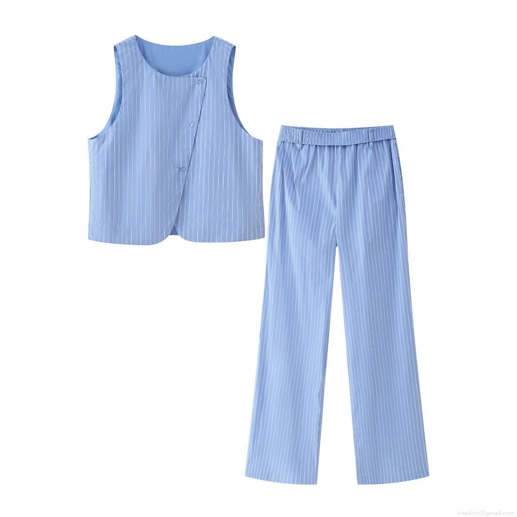Women's Casual Striped Two-Piece Set Sleeveless Asymmetrical Button Top And High Waist Loose Straight Leg Pants 100% Polyester Loungewear Suit For Summer Vacation