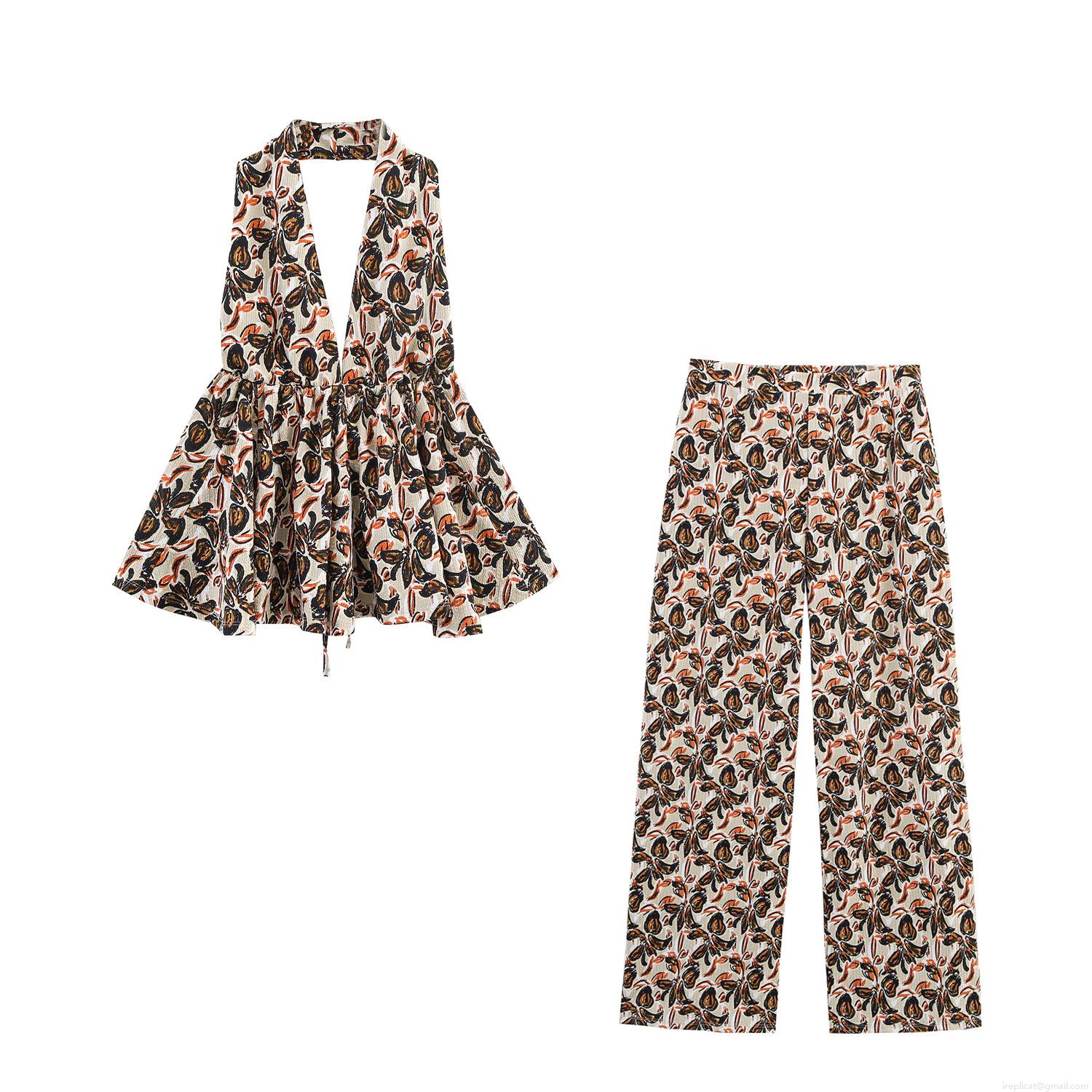 Women's Sexy Resort Two Piece Set Abstract Floral Leaf Print Halter V Neck Backless Crop Top and Wide Leg Long Pants Polyester Crinkle Fabric Outfits for Beach Party