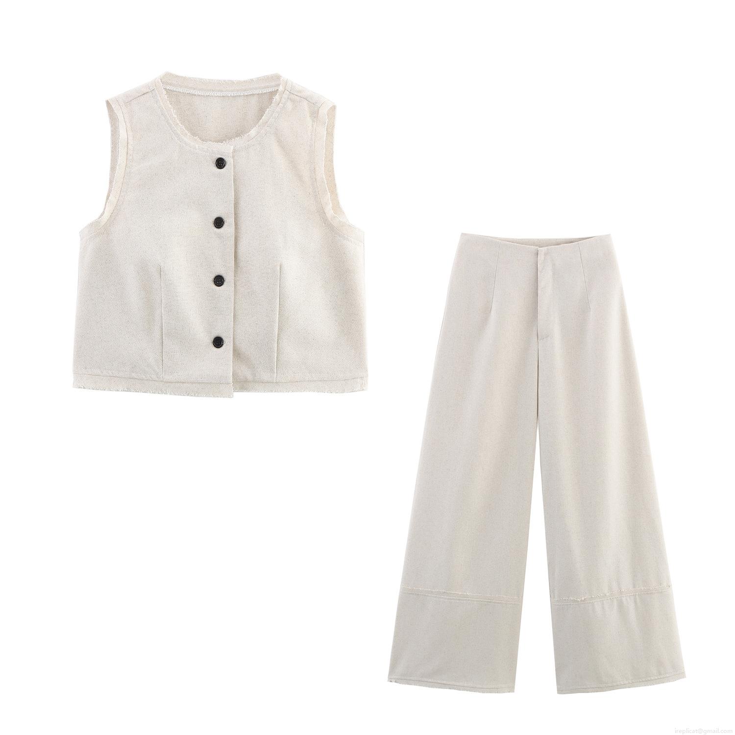 Women's 2 Piece Faux Linen Set Sleeveless Vest Single Breasted Raw Edge Waistcoat And Wide Leg Pants Set Commuter Summer Casual Elegant Outfit