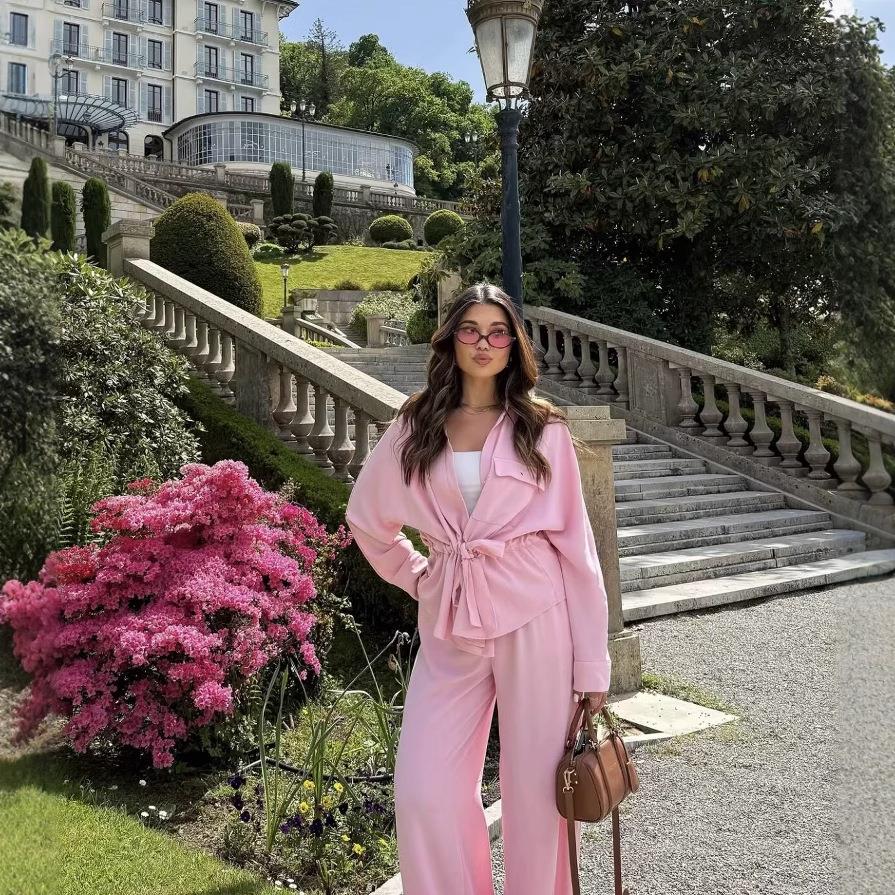 Elegant Women Solid Color 100% Polyester Long Sleeve Tie Waist Shirt and Wide Leg Pants Two Piece Set Resort Style Casual Lounge Outfit Elegant Women Solid Color 100% Polyester Long Sleeve Tie Waist Shirt and Wide Leg Pants Two Piece Set Resort Style Casual Lounge Outfit