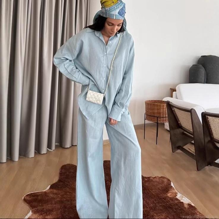 Women's Casual Two Piece Set Long Sleeve Loose Shirt And Elastic Waist Wide Leg Pants Solid Color Soft Linen-Like Polyester Loungewear Outfits