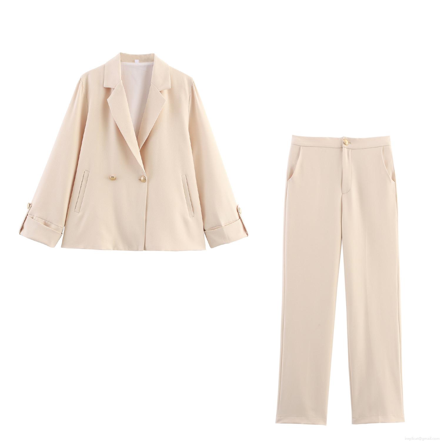 Women's Elegant 2 Piece Blazer Set Long Sleeve Button Jacket And Straight Leg Pants Solid Color Office Commuting Suits For Ladies