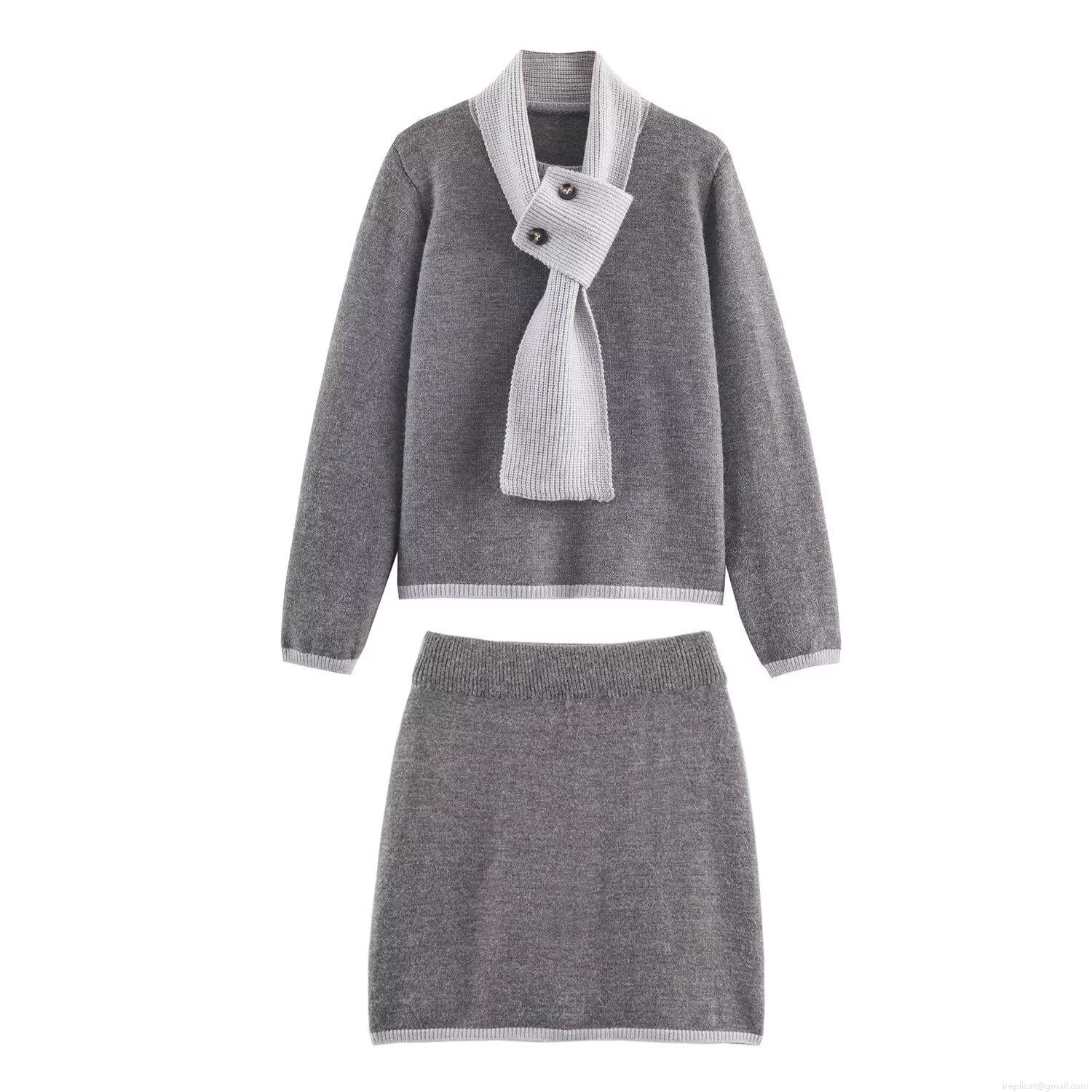 Women Korean Style Knit Two Piece Set Scarf Collar Contrast Color Long Sleeve Sweater And Mini Skirt Casual Elegant Autumn Winter Knitwear Outfit Women Korean Style Knit Two Piece Set Scarf Collar Contrast Color Long Sleeve Sweater And Mini Skirt Casual Elegant Autumn Winter Knitwear Outfit