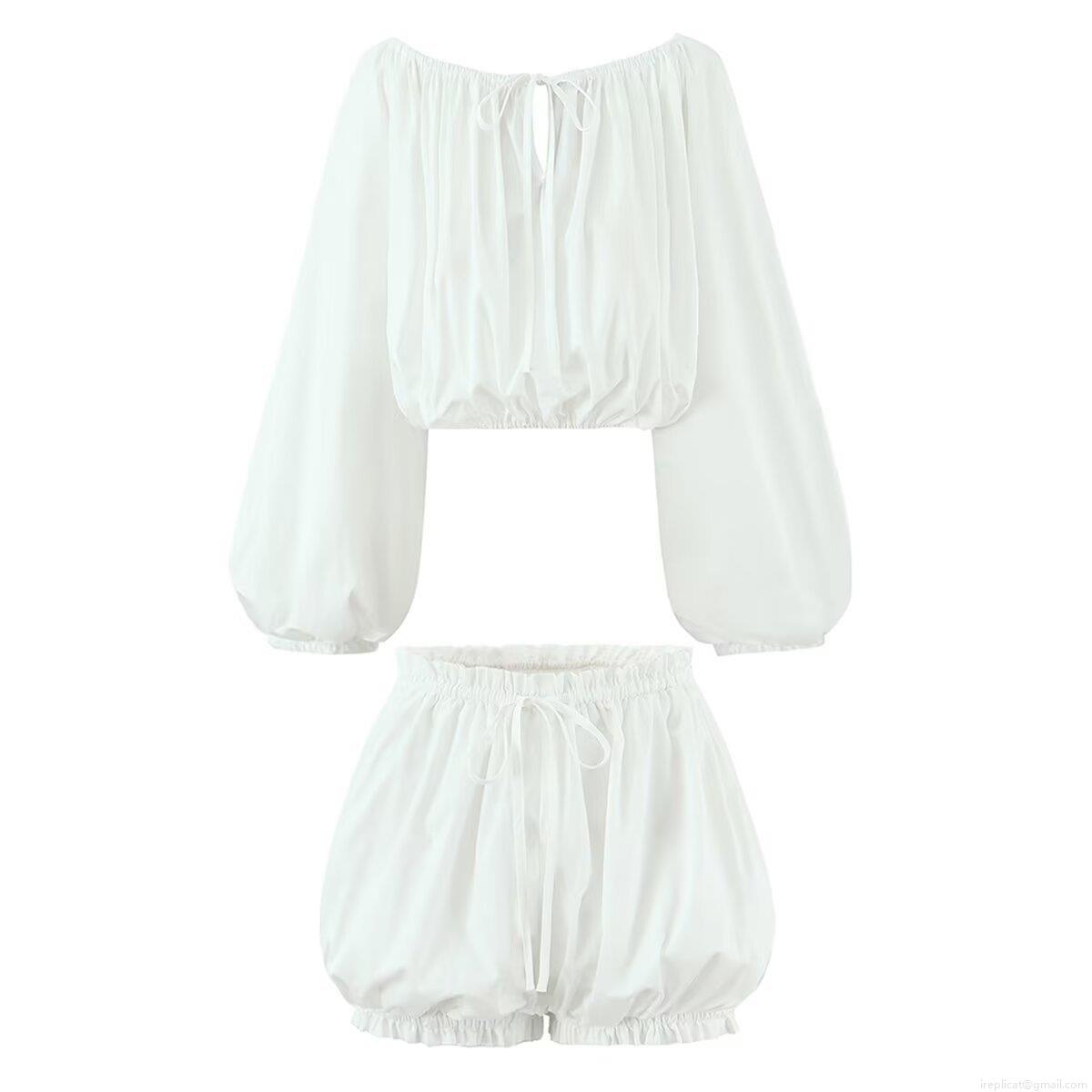 Women's 100% Cotton Two Piece Set Off-shoulder Lantern Long Sleeve Crop Top And Ruffle Hem Bloomers Shorts Lolita Sweet Style White Casual Outfit Women's 100% Cotton Two Piece Set Off-shoulder Lantern Long Sleeve Crop Top And Ruffle Hem Bloomers Shorts Lolita Sweet Style White Casual Outfit