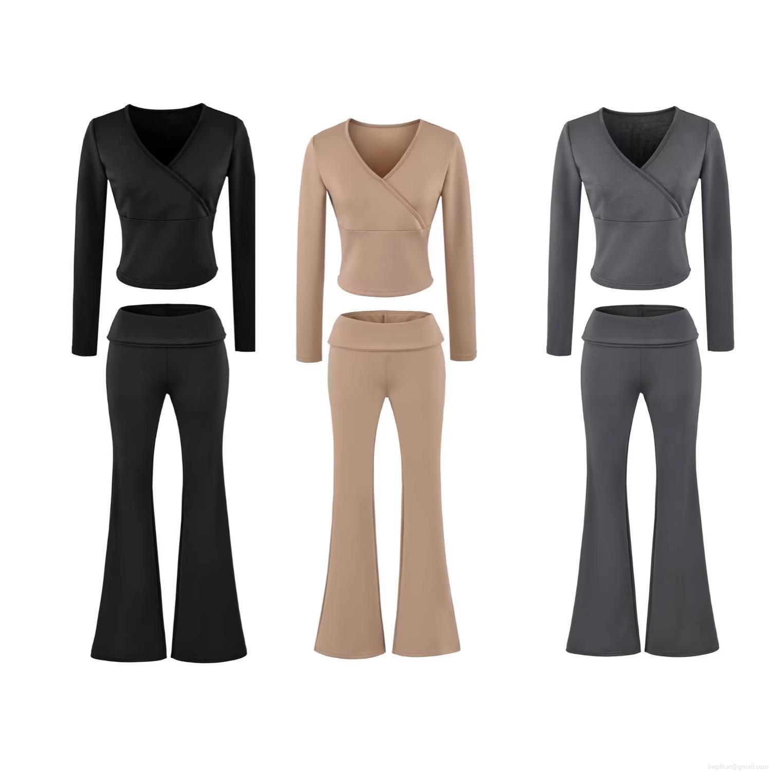 Women's 2 Piece Outfits Casual Cotton Blend Crossover V Neck Long Sleeve Crop Top And High Waist Fold Over Flare Pants Set Loungewear Yoga Tracksuit Women's 2 Piece Outfits Casual Cotton Blend Crossover V Neck Long Sleeve Crop Top And High Waist Fold Over Flare Pants Set Loungewear Yoga Tracksuit