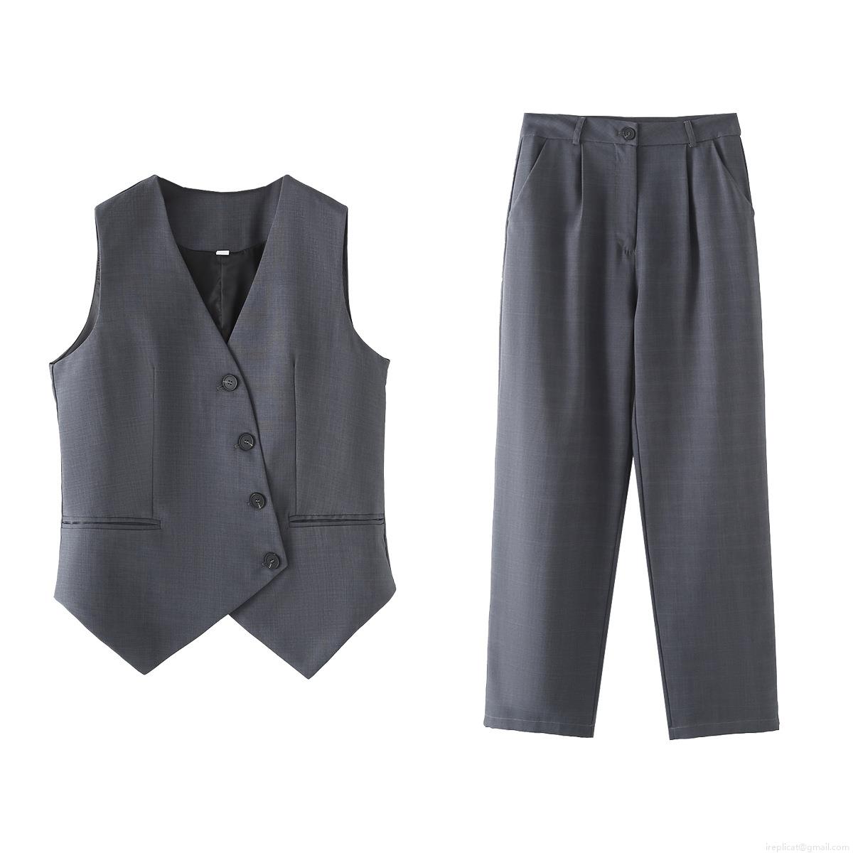 Women's 2 Piece Outfits Business Casual V Neck Sleeveless Vest And High Waist Straight Leg Pants Set Solid Color Slim Fit Suit For Work Streetwear